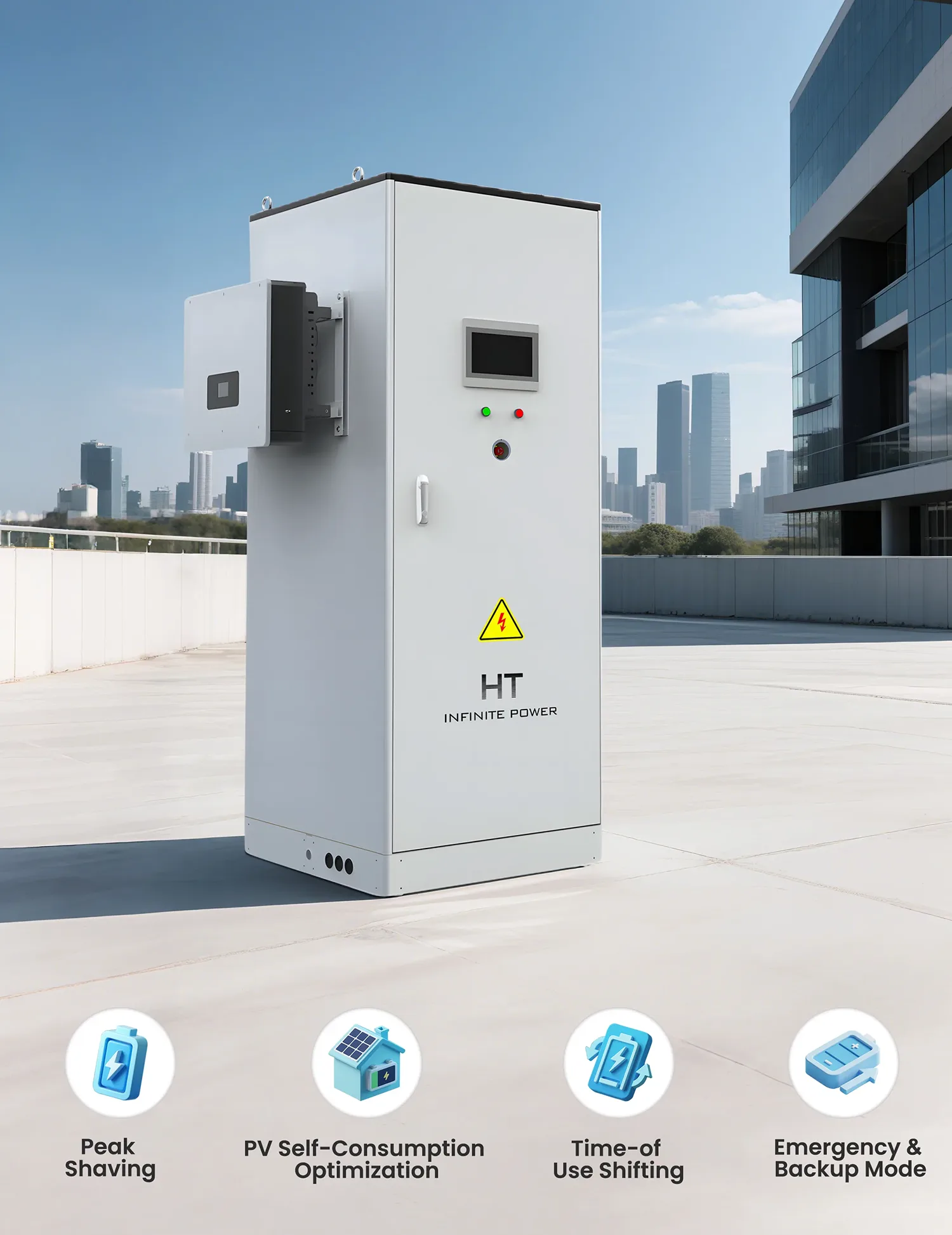 Funções e características do sistema de armazenamento de energia externo HT InfinitePower 30 kW 80 kWh